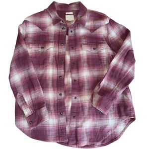 American Eagle Plaid Flannel Western Shirt Womens‎ Pink White Long Sleeve